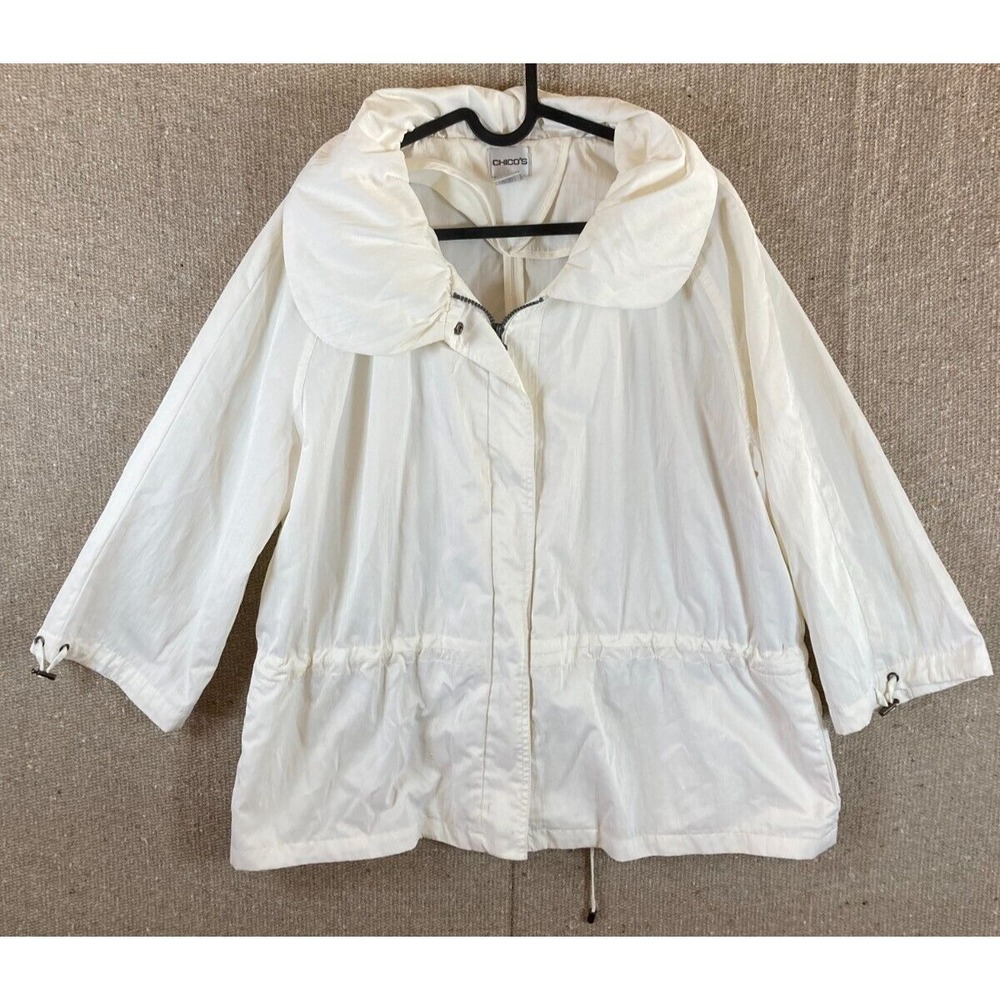 Womens Sz 2 CHICO'S Full Zip White Windbreaker Jacket 3/4 Sleeve